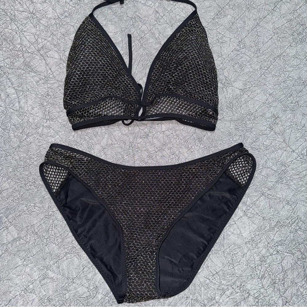 BECCA Black Gold Mesh Bikini Set D Top